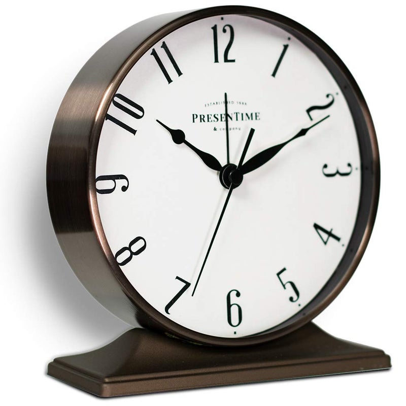 Presentime & Co Lewis Mantel Alarm Clock, Desk and Shelf Clock, Tabletop Decoration, 5.5 x 5 inch, Silent no Ticking, Metal Base, Bronze Finish, Arabic Numeral - Image 1